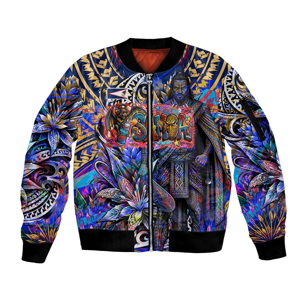 American Samoa Warrior Sleeve Zip Bomber Jacket Polynesian Fruit Bat Talofa Urban Graffiti Street Art