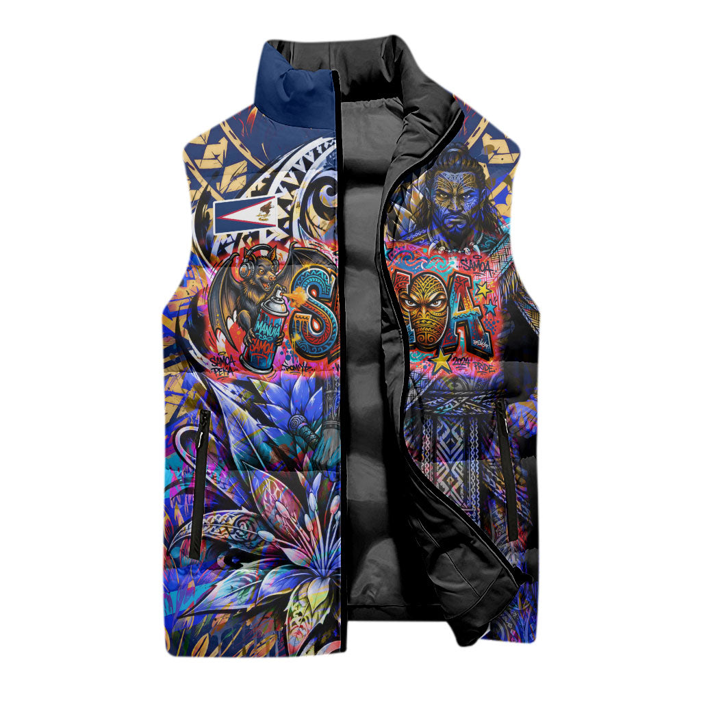 American Samoa Warrior Sleeveless Puffer Jacket Polynesian Fruit Bat Talofa Urban Graffiti Street Art