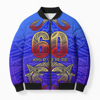 Personalized Polynesian 60th Birthday Bomber Puffer Jacket Polynesian Tribal Art Vintage Ocean Pattern TS04 Unisex Blue Yellow - Polynesian Pride