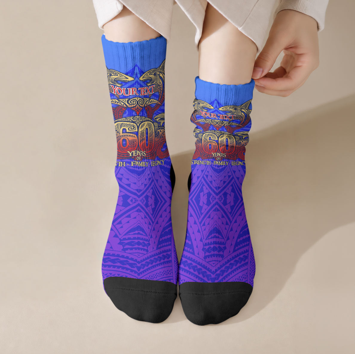 Personalized Polynesian 60th Birthday Crew Socks Polynesian Tribal Art Vintage Ocean Pattern