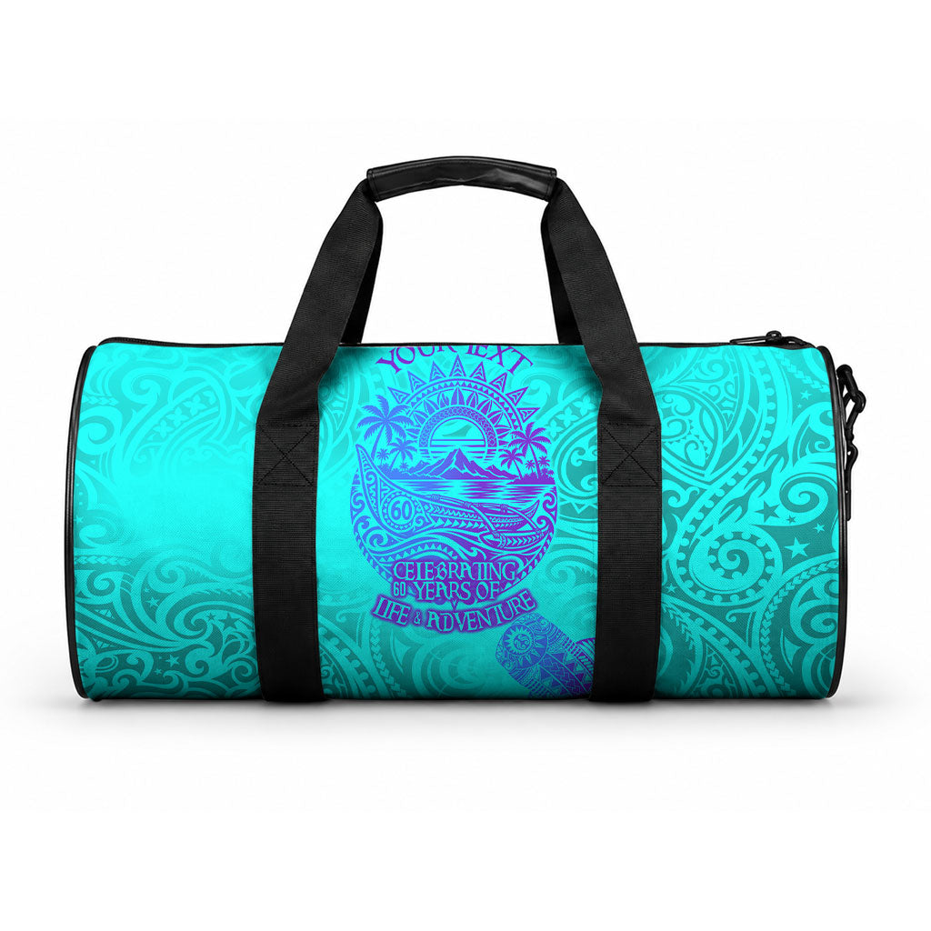 Personalized Polynesian 60th Birthday Island Life Since 1966 Duffle Bag Vibrant Tribal Tattoo Ocean Sunset Pattern