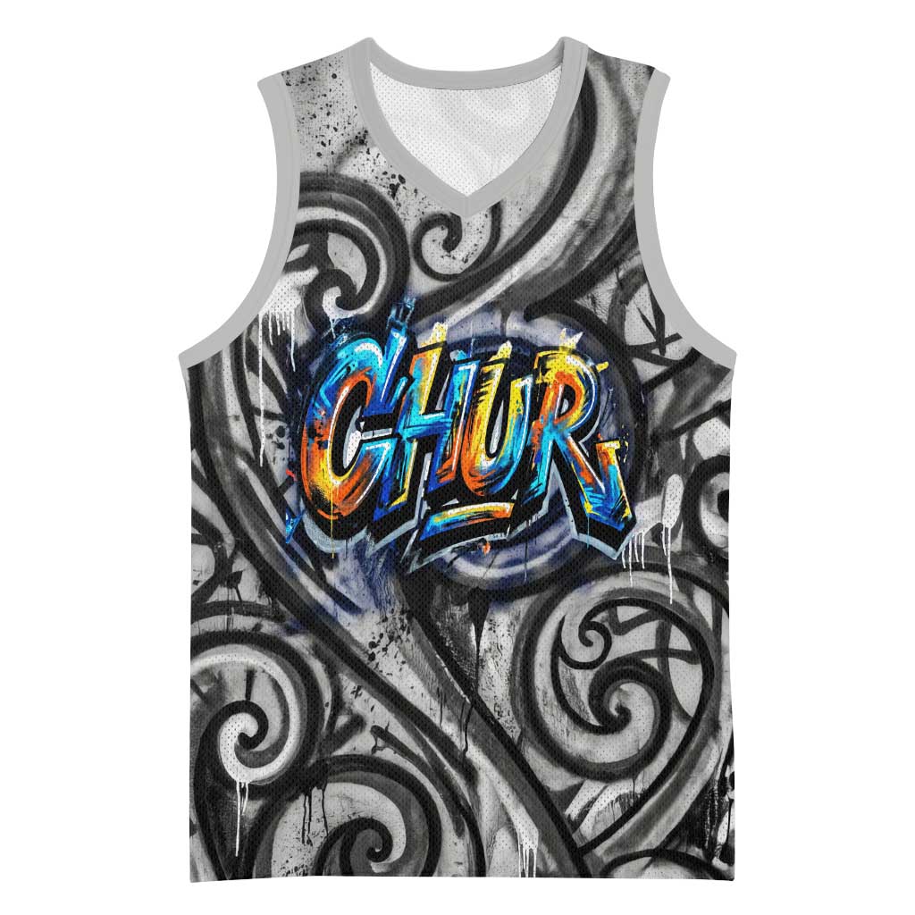 Chur Bro Shaka Sign Basketball Jersey New Zealand Koru Colorful Graffiti Splash
