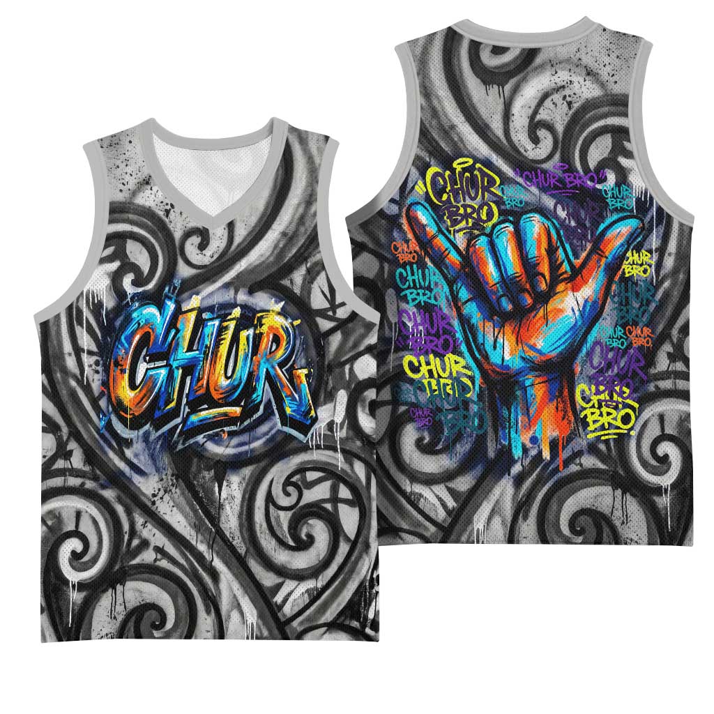 Chur Bro Shaka Sign Basketball Jersey New Zealand Koru Colorful Graffiti Splash