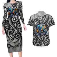 Chur Bro Shaka Sign Couples Matching Long Sleeve Bodycon Dress and Hawaiian Shirt New Zealand Koru Colorful Graffiti Splash