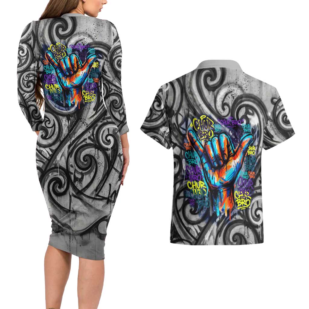 Chur Bro Shaka Sign Couples Matching Long Sleeve Bodycon Dress and Hawaiian Shirt New Zealand Koru Colorful Graffiti Splash