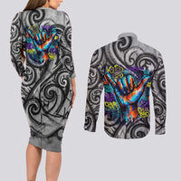 Chur Bro Shaka Sign Couples Matching Long Sleeve Bodycon Dress and Long Sleeve Button Shirt New Zealand Koru Colorful Graffiti Splash