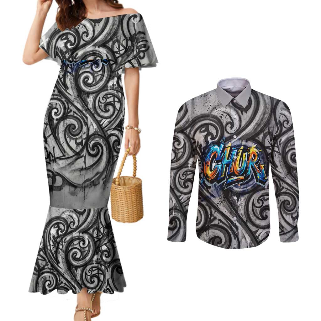 Chur Bro Shaka Sign Couples Matching Mermaid Dress and Long Sleeve Button Shirt New Zealand Koru Colorful Graffiti Splash