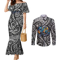 Chur Bro Shaka Sign Couples Matching Mermaid Dress and Long Sleeve Button Shirt New Zealand Koru Colorful Graffiti Splash