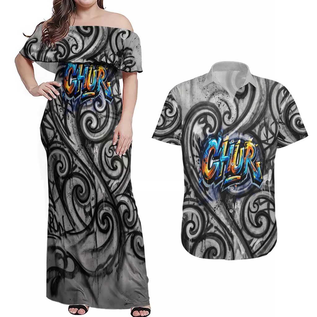 Chur Bro Shaka Sign Couples Matching Off Shoulder Maxi Dress and Hawaiian Shirt New Zealand Koru Colorful Graffiti Splash