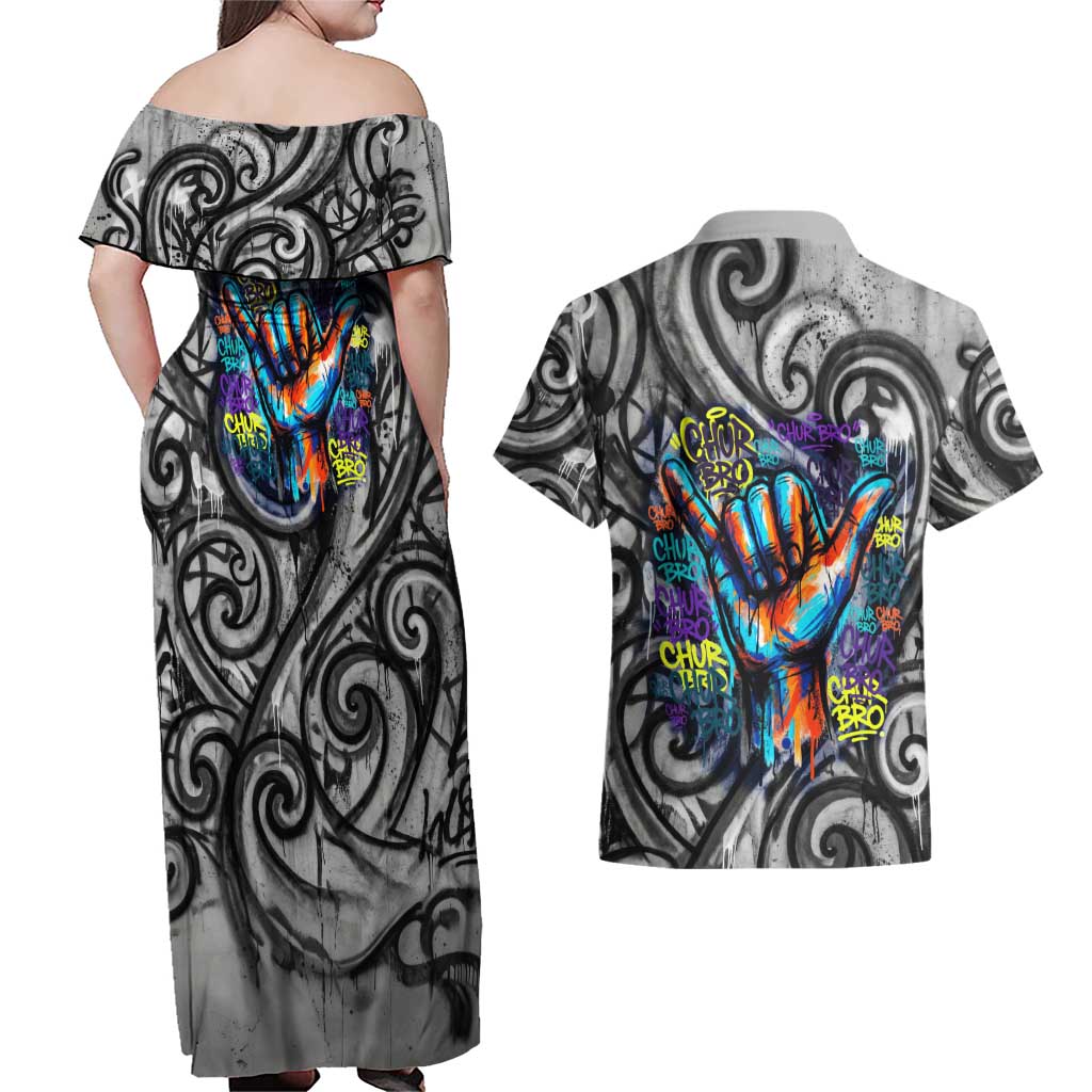 Chur Bro Shaka Sign Couples Matching Off Shoulder Maxi Dress and Hawaiian Shirt New Zealand Koru Colorful Graffiti Splash
