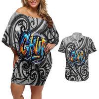 Chur Bro Shaka Sign Couples Matching Off Shoulder Short Dress and Hawaiian Shirt New Zealand Koru Colorful Graffiti Splash