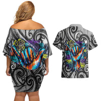 Chur Bro Shaka Sign Couples Matching Off Shoulder Short Dress and Hawaiian Shirt New Zealand Koru Colorful Graffiti Splash