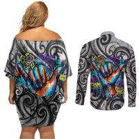 Chur Bro Shaka Sign Couples Matching Off Shoulder Short Dress and Long Sleeve Button Shirt New Zealand Koru Colorful Graffiti Splash