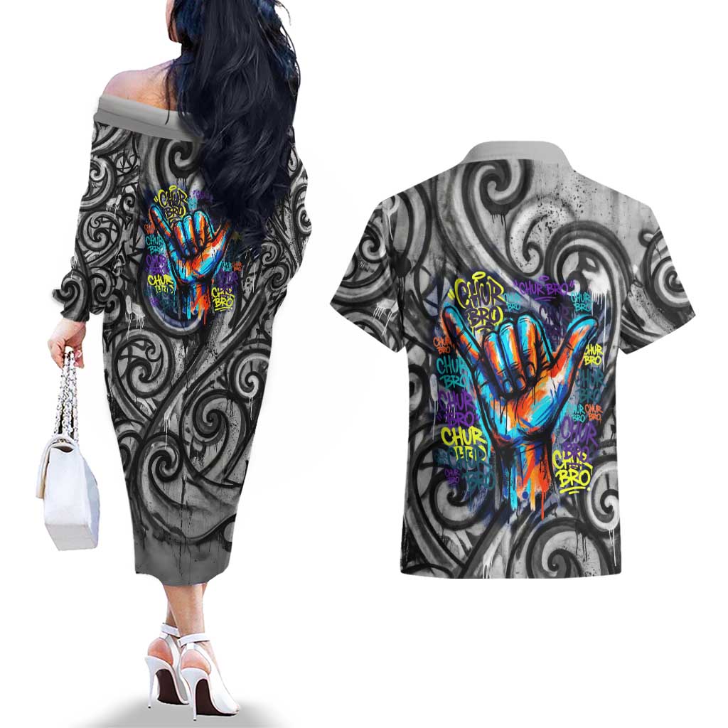 Chur Bro Shaka Sign Couples Matching Off The Shoulder Long Sleeve Dress and Hawaiian Shirt New Zealand Koru Colorful Graffiti Splash