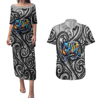 Chur Bro Shaka Sign Couples Matching Puletasi and Hawaiian Shirt New Zealand Koru Colorful Graffiti Splash