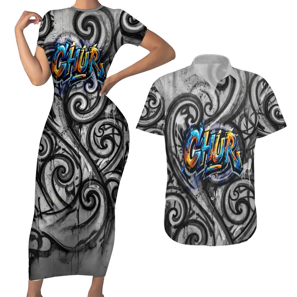 Chur Bro Shaka Sign Couples Matching Short Sleeve Bodycon Dress and Hawaiian Shirt New Zealand Koru Colorful Graffiti Splash