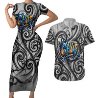 Chur Bro Shaka Sign Couples Matching Short Sleeve Bodycon Dress and Hawaiian Shirt New Zealand Koru Colorful Graffiti Splash