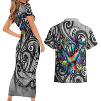 Chur Bro Shaka Sign Couples Matching Short Sleeve Bodycon Dress and Hawaiian Shirt New Zealand Koru Colorful Graffiti Splash