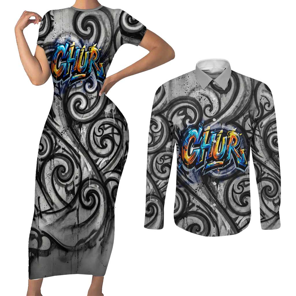 Chur Bro Shaka Sign Couples Matching Short Sleeve Bodycon Dress and Long Sleeve Button Shirt New Zealand Koru Colorful Graffiti Splash