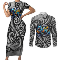 Chur Bro Shaka Sign Couples Matching Short Sleeve Bodycon Dress and Long Sleeve Button Shirt New Zealand Koru Colorful Graffiti Splash