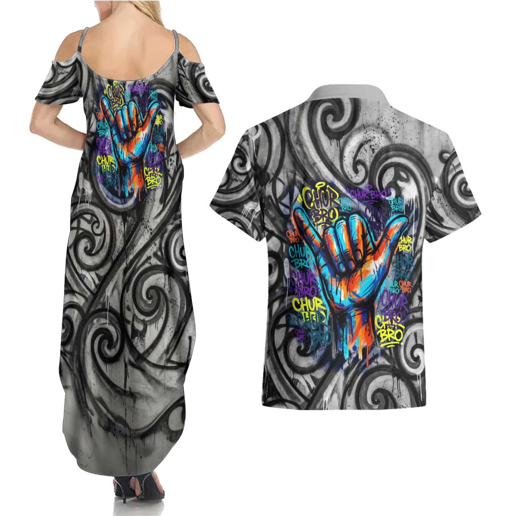 Chur Bro Shaka Sign Couples Matching Summer Maxi Dress and Hawaiian Shirt New Zealand Koru Colorful Graffiti Splash