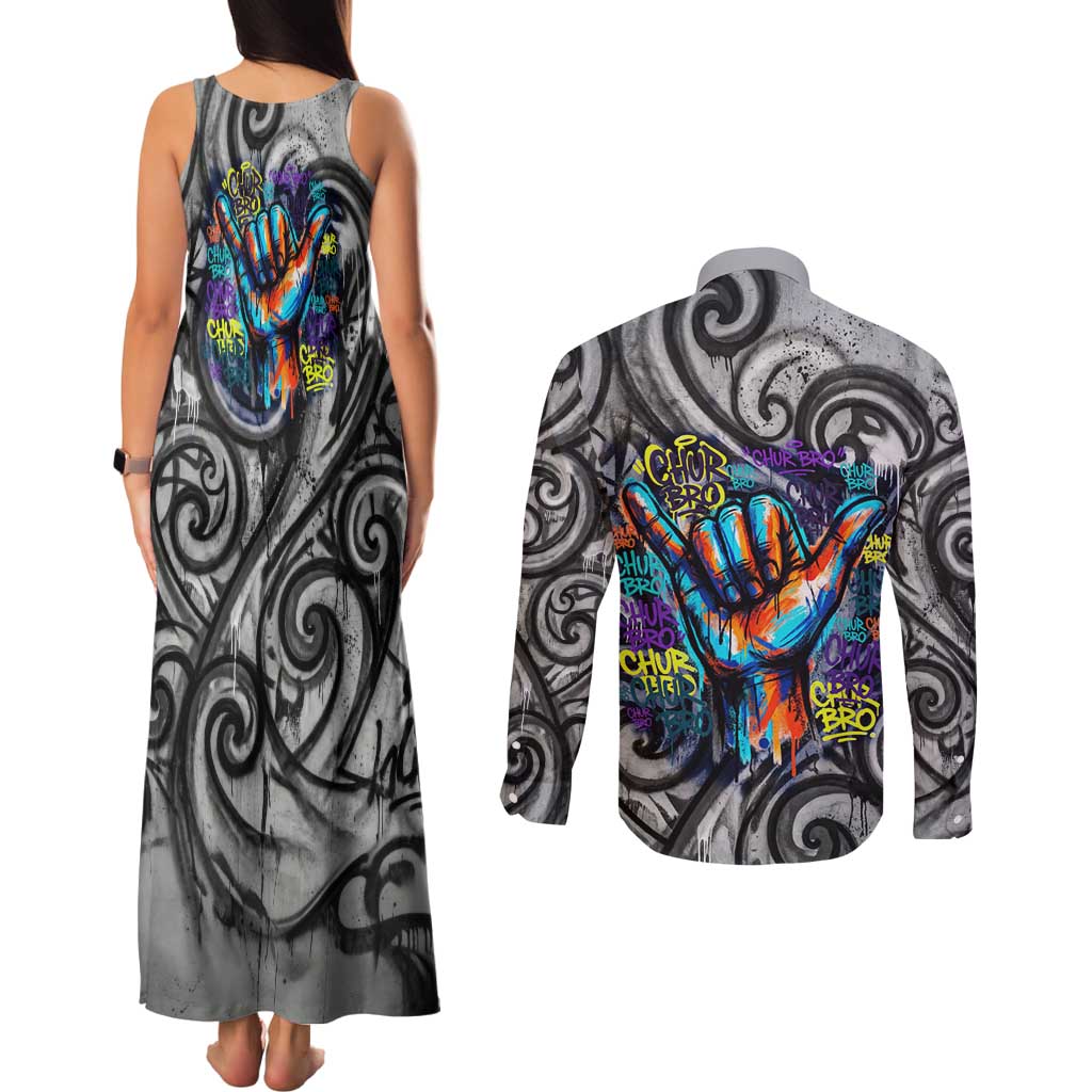 Chur Bro Shaka Sign Couples Matching Tank Maxi Dress and Long Sleeve Button Shirt New Zealand Koru Colorful Graffiti Splash