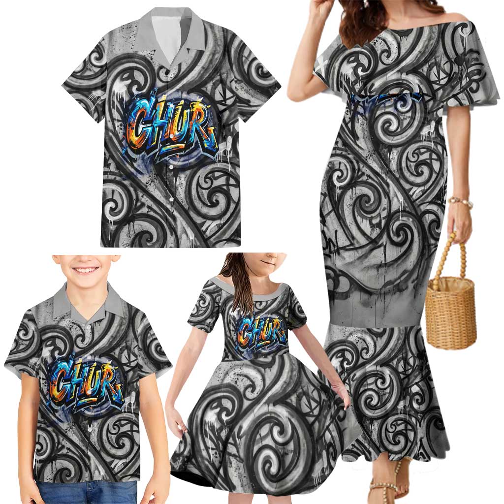 Chur Bro Shaka Sign Family Matching Mermaid Dress and Hawaiian Shirt New Zealand Koru Colorful Graffiti Splash