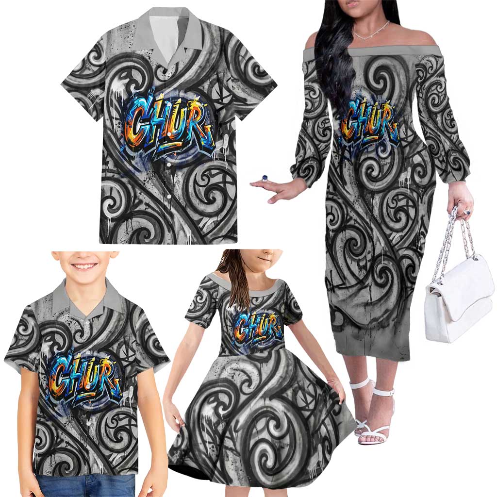 Chur Bro Shaka Sign Family Matching Off The Shoulder Long Sleeve Dress and Hawaiian Shirt New Zealand Koru Colorful Graffiti Splash