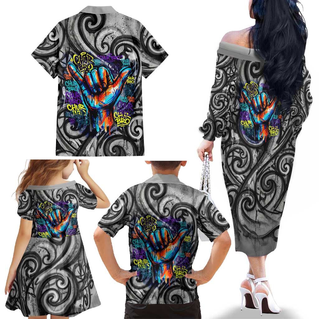 Chur Bro Shaka Sign Family Matching Off The Shoulder Long Sleeve Dress and Hawaiian Shirt New Zealand Koru Colorful Graffiti Splash