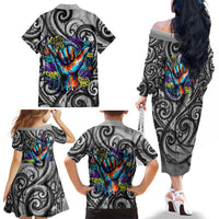 Chur Bro Shaka Sign Family Matching Off The Shoulder Long Sleeve Dress and Hawaiian Shirt New Zealand Koru Colorful Graffiti Splash
