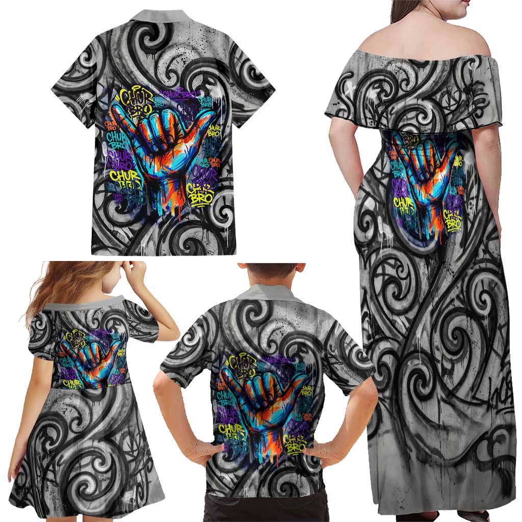 Chur Bro Shaka Sign Family Matching Off Shoulder Maxi Dress and Hawaiian Shirt New Zealand Koru Colorful Graffiti Splash