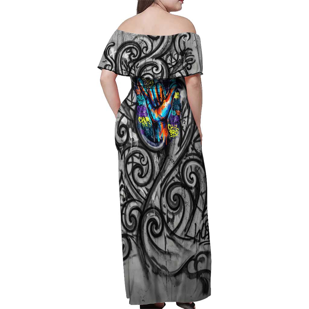 Chur Bro Shaka Sign Family Matching Off Shoulder Maxi Dress and Hawaiian Shirt New Zealand Koru Colorful Graffiti Splash