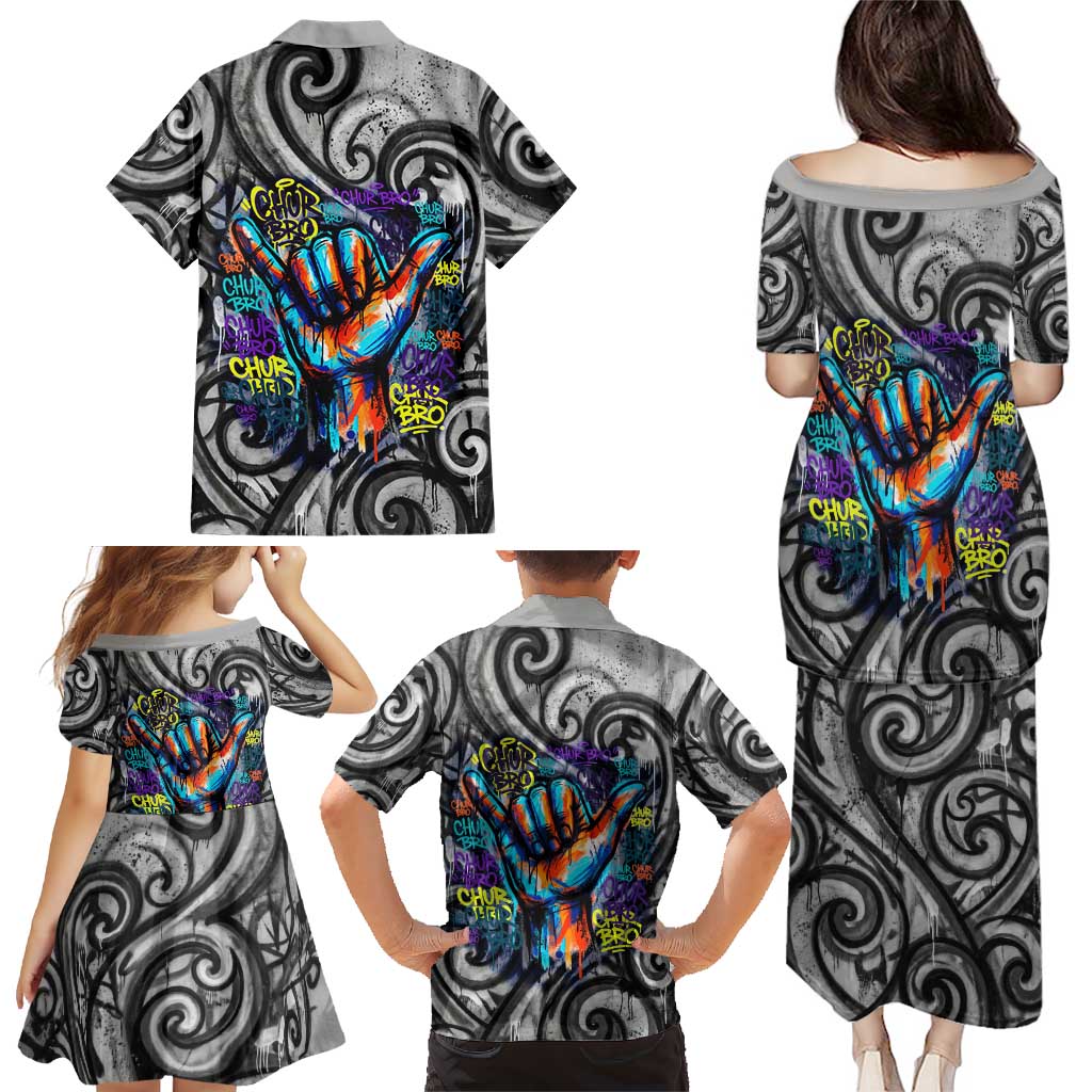 Chur Bro Shaka Sign Family Matching Puletasi and Hawaiian Shirt New Zealand Koru Colorful Graffiti Splash