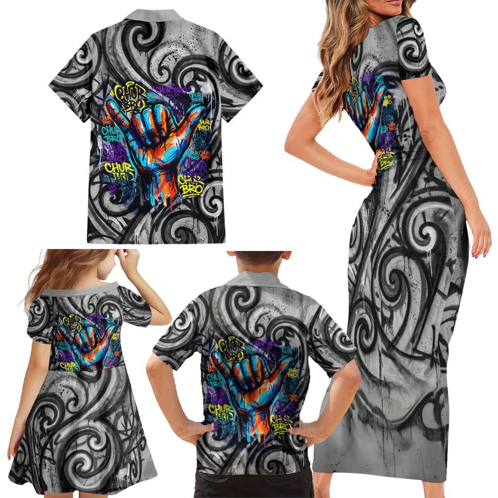 Chur Bro Shaka Sign Family Matching Short Sleeve Bodycon Dress and Hawaiian Shirt New Zealand Koru Colorful Graffiti Splash