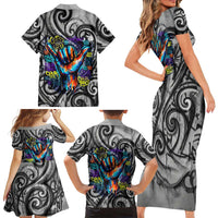 Chur Bro Shaka Sign Family Matching Short Sleeve Bodycon Dress and Hawaiian Shirt New Zealand Koru Colorful Graffiti Splash