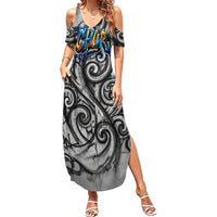 Chur Bro Shaka Sign Family Matching Summer Maxi Dress and Hawaiian Shirt New Zealand Koru Colorful Graffiti Splash