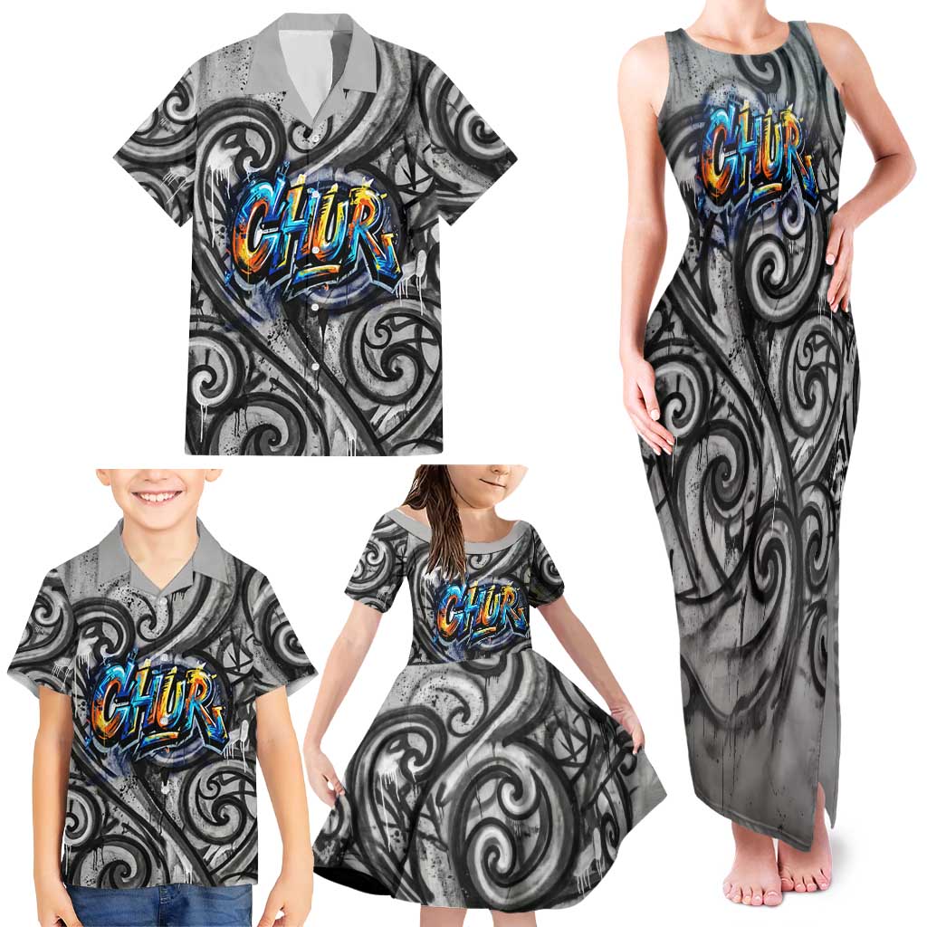 Chur Bro Shaka Sign Family Matching Tank Maxi Dress and Hawaiian Shirt New Zealand Koru Colorful Graffiti Splash