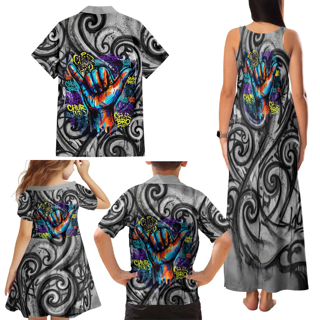 Chur Bro Shaka Sign Family Matching Tank Maxi Dress and Hawaiian Shirt New Zealand Koru Colorful Graffiti Splash