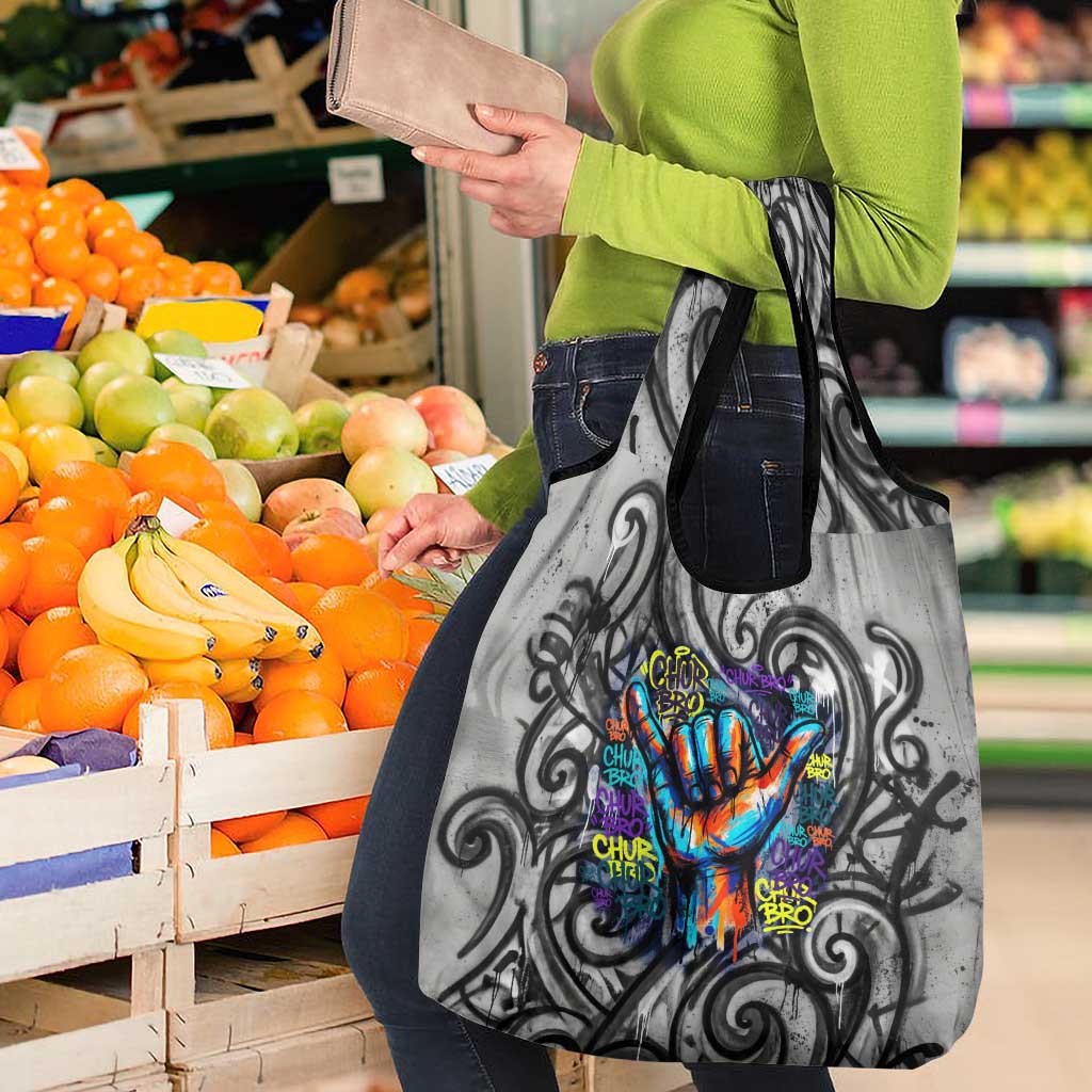 Chur Bro Shaka Sign Grocery Bag New Zealand Koru Colorful Graffiti Splash