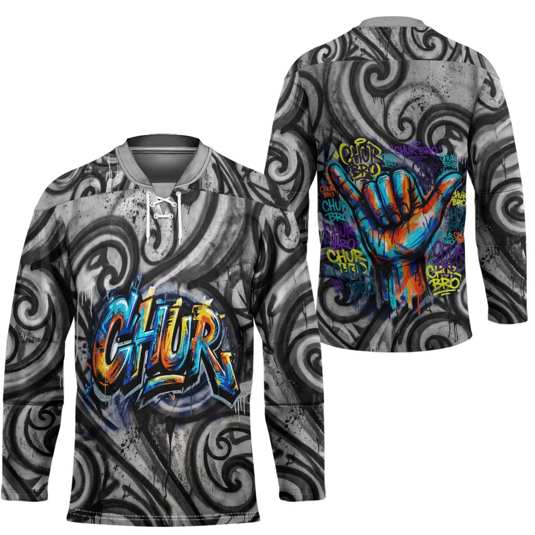 Chur Bro Shaka Sign Hockey Jersey New Zealand Koru Colorful Graffiti Splash