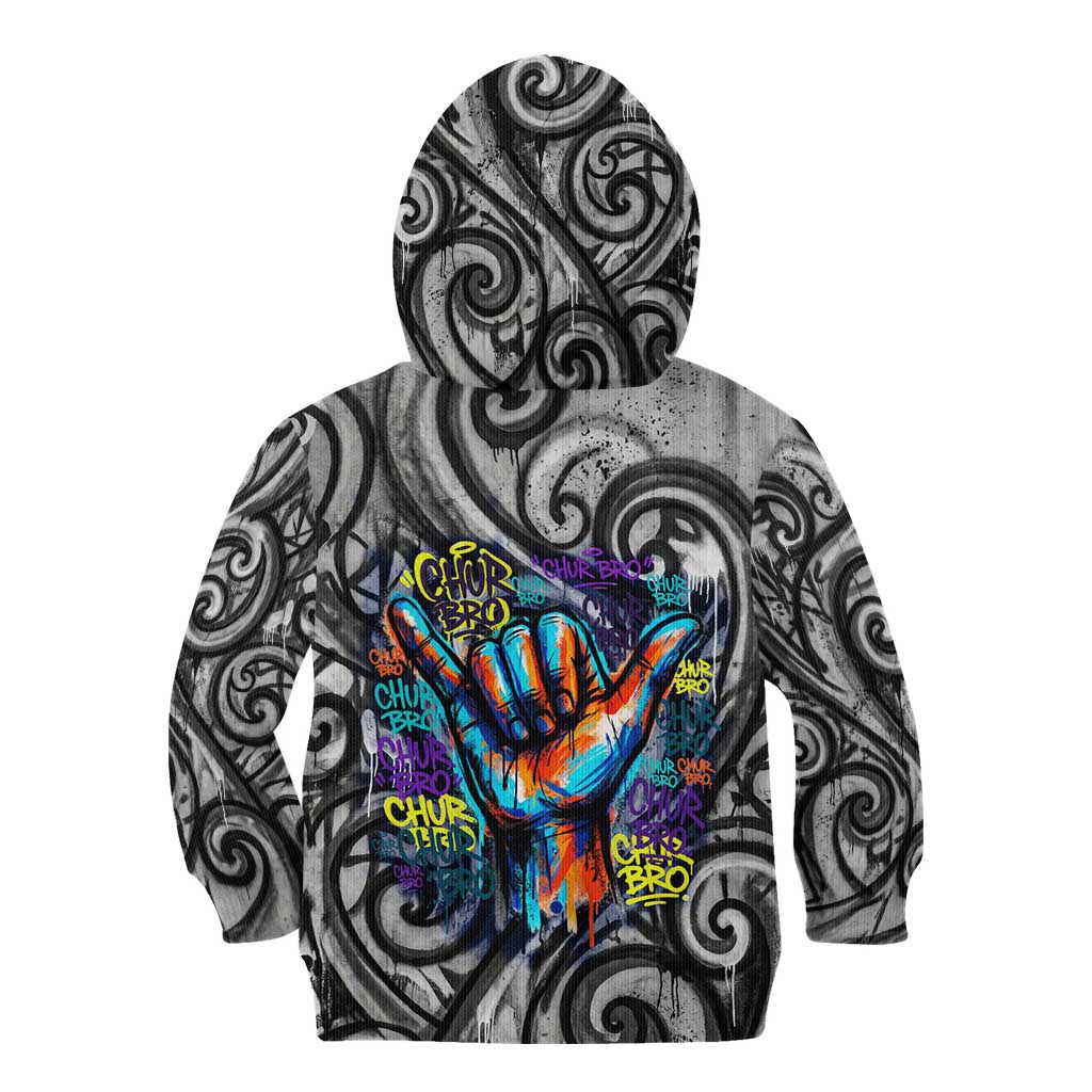 Chur Bro Shaka Sign Kid Hoodie New Zealand Koru Colorful Graffiti Splash