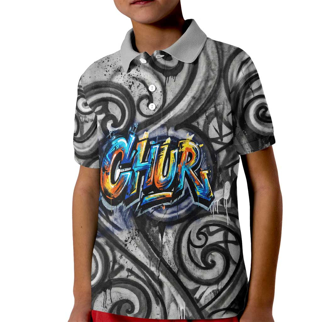 Chur Bro Shaka Sign Kid Polo Shirt New Zealand Koru Colorful Graffiti Splash
