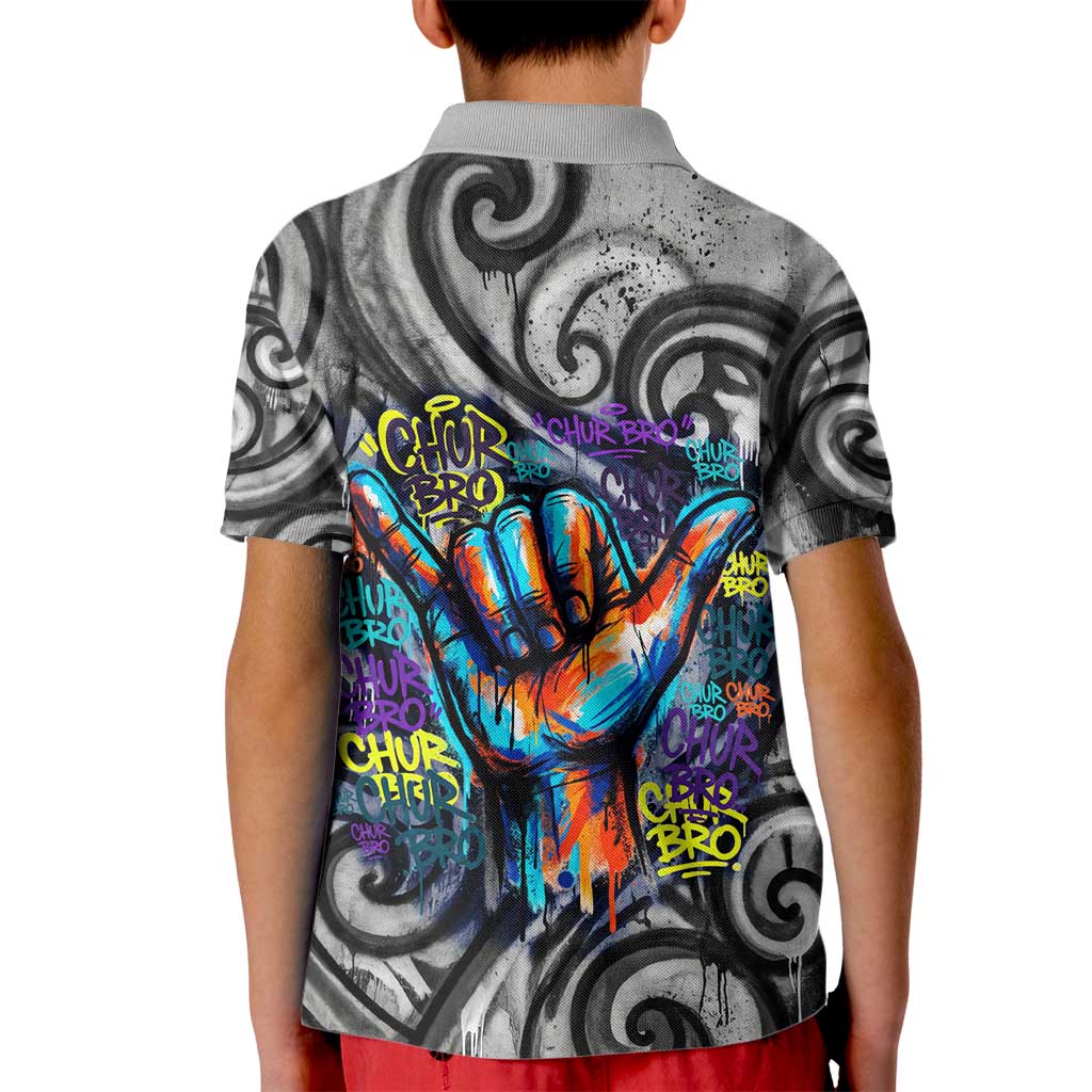 Chur Bro Shaka Sign Kid Polo Shirt New Zealand Koru Colorful Graffiti Splash