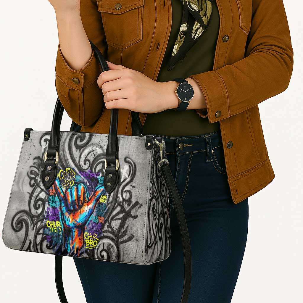 Chur Bro Shaka Sign Leather Bag New Zealand Koru Colorful Graffiti Splash