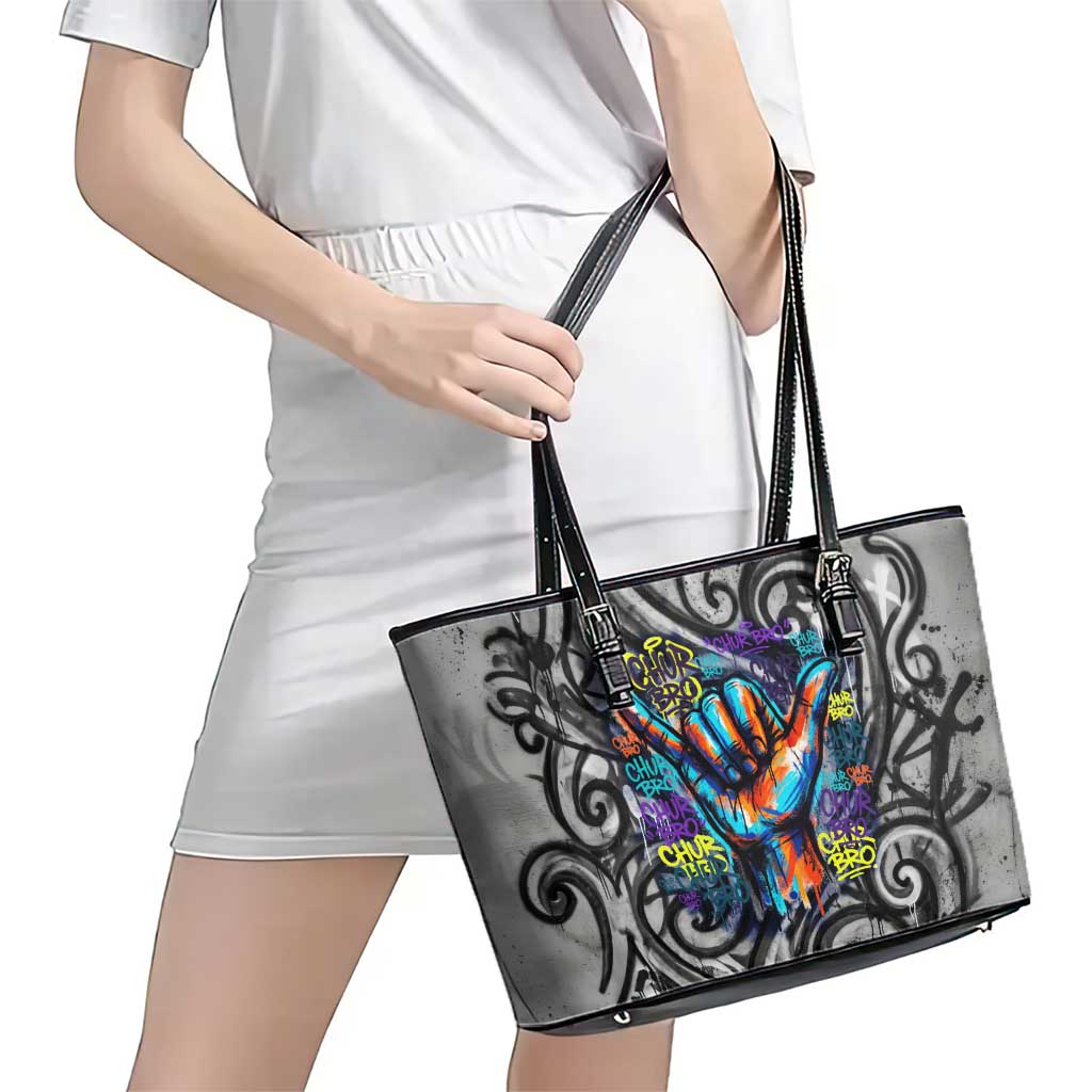 Chur Bro Shaka Sign Leather Tote Bag New Zealand Koru Colorful Graffiti Splash