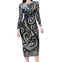 Chur Bro Shaka Sign Long Sleeve Bodycon Dress New Zealand Koru Colorful Graffiti Splash