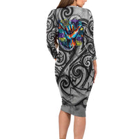 Chur Bro Shaka Sign Long Sleeve Bodycon Dress New Zealand Koru Colorful Graffiti Splash