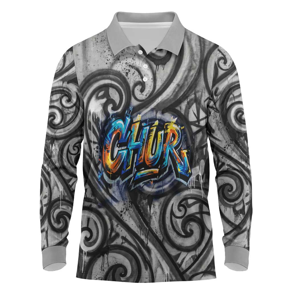 Chur Bro Shaka Sign Long Sleeve Polo Shirt New Zealand Koru Colorful Graffiti Splash