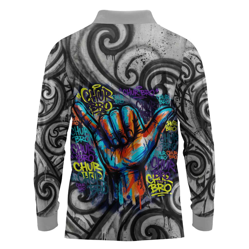 Chur Bro Shaka Sign Long Sleeve Polo Shirt New Zealand Koru Colorful Graffiti Splash