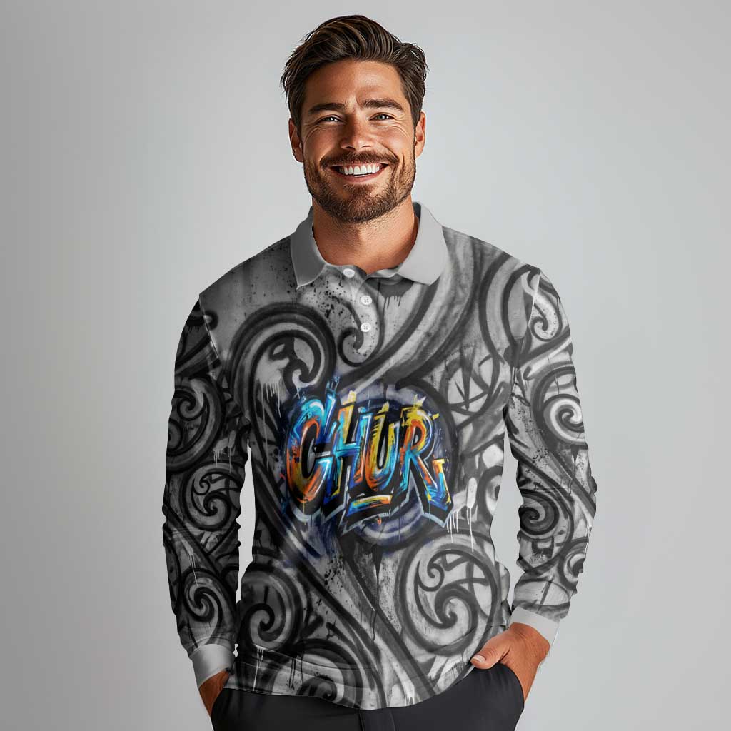 Chur Bro Shaka Sign Long Sleeve Polo Shirt New Zealand Koru Colorful Graffiti Splash